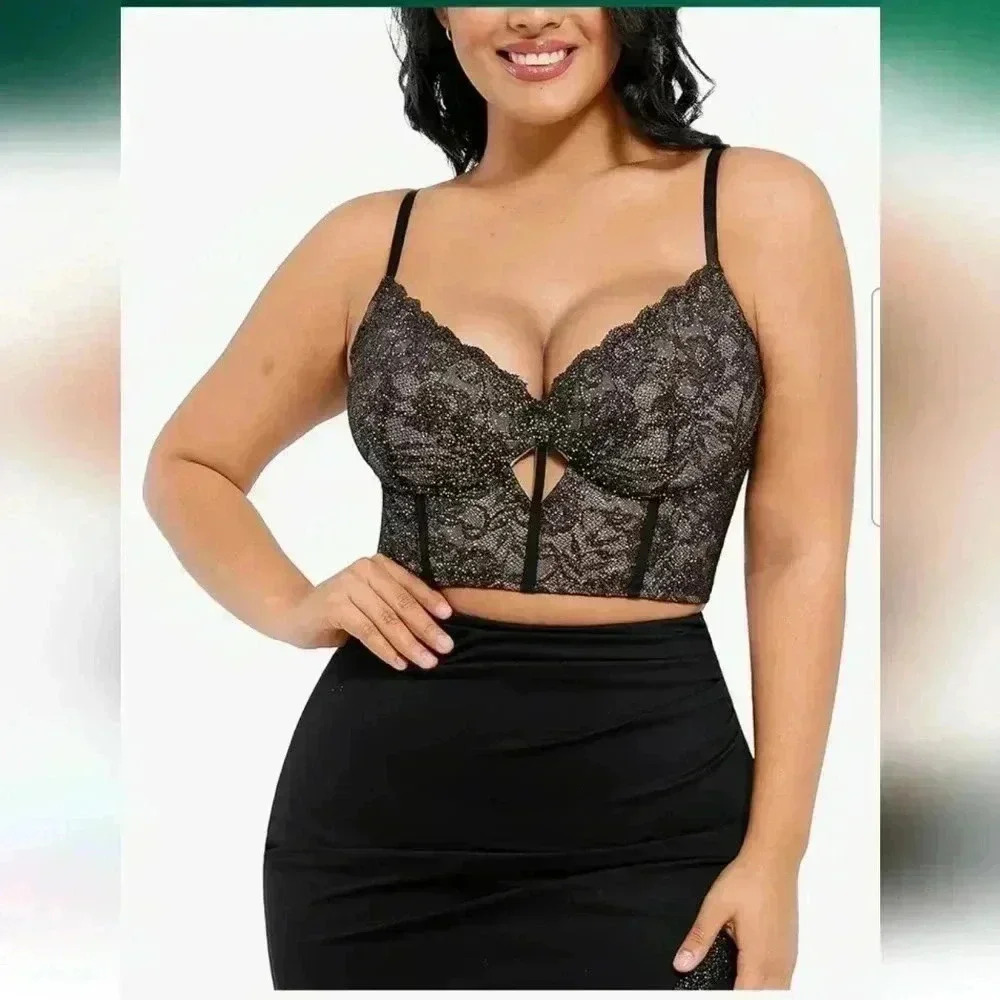Lace Longline Bralette Crop Top - Black
